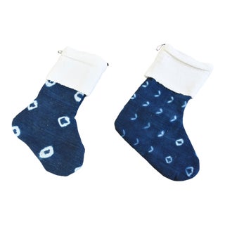 Blue & White One-Of-A-Kind African Textile Christmas Stockings, S/2 For Sale