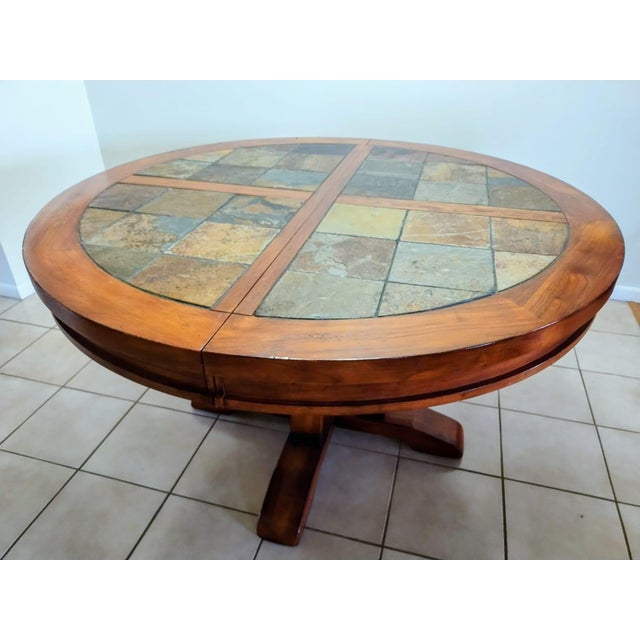 Chestnut Extendable Dining Table Made of Solid Pine, Decorated With Polished Stone For Sale - Image 8 of 8
