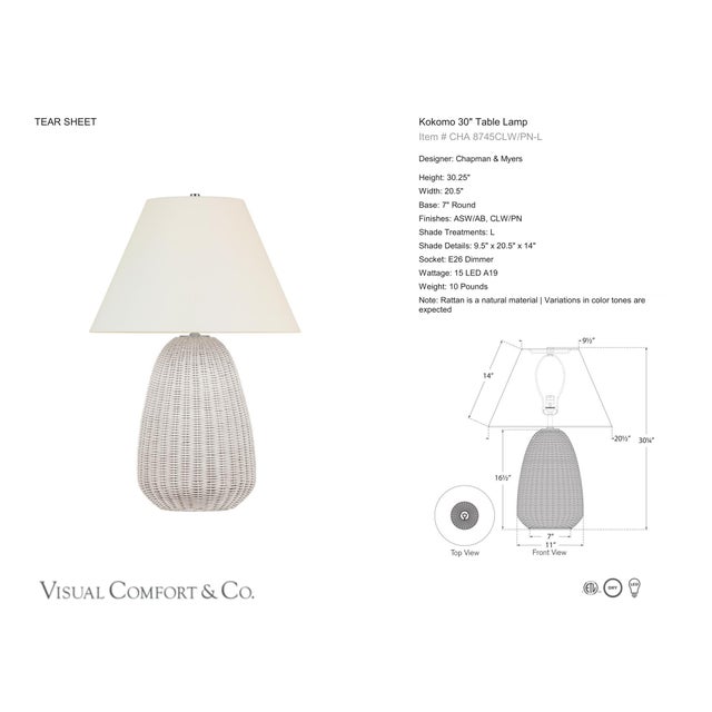 Chapman & Myers by Visual Comfort Signature Kokomo 30" Table Lamp in Chalk Wicker and Polished Nickel with Linen Shade...
