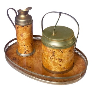 1960s Italian Burl Wood Ice Bucket, Carafe, & Tray Bar Set, in Milo Baughman Style - Set of 3 For Sale