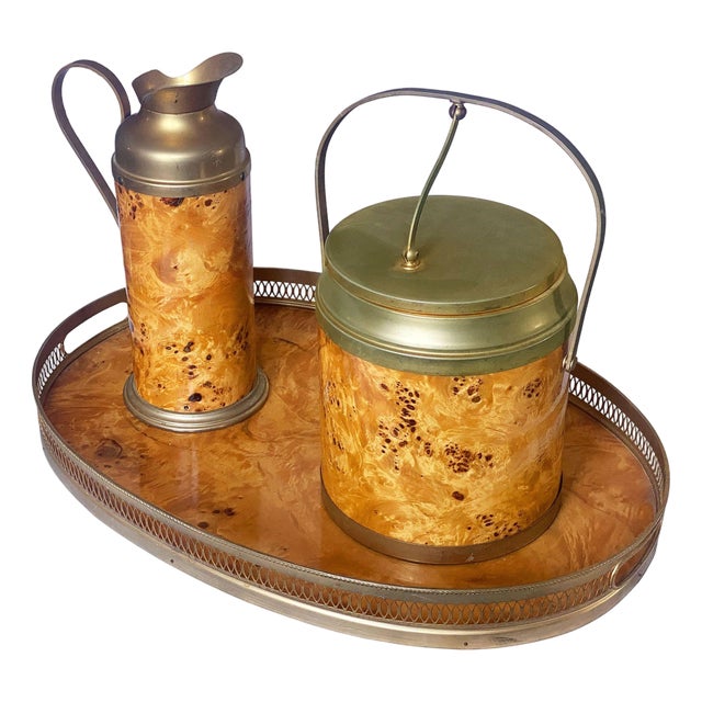1960s Italian Burl Wood Ice Bucket, Carafe, & Tray Bar Set, in Milo Baughman Style - Set of 3 For Sale