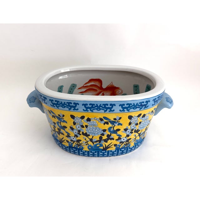 Vintage Yellow & Blue Chinoiserie Porcelain Footbath Planter W/ Koi Fish For Sale - Image 4 of 12