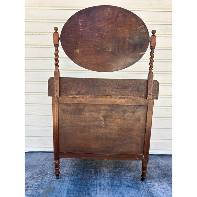 Late 19th Century Antique Oak Barley Twist Vanity / 3-Drawer Dresser on Casters With Beveled Swivel Mirror For Sale - Image 5 of 9