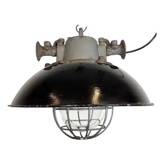 Black Enamel and Cast Iron Industrial Cage Pendant Light from Elektrosvit, 1960s For Sale