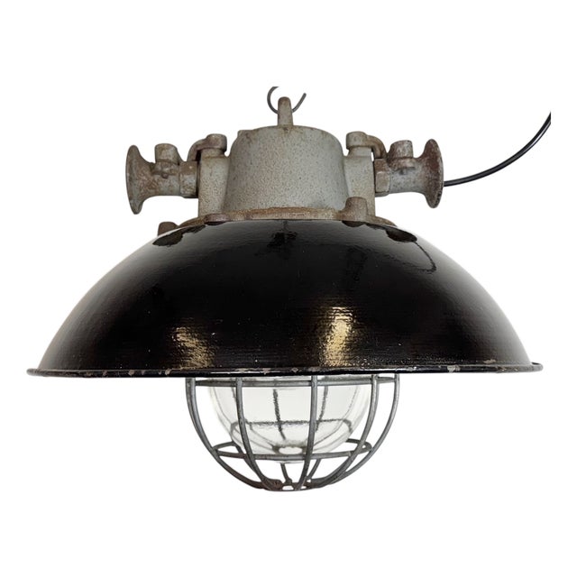 Black Enamel and Cast Iron Industrial Cage Pendant Light from Elektrosvit, 1960s For Sale
