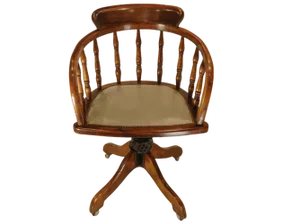 Antique Captain's Desk Chair with Brass Stud Detailing and Iron Base, 1930s