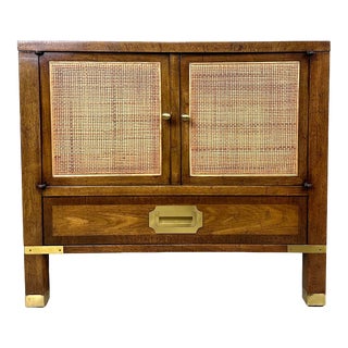 Baker Furniture / Milling Road Walnut & Brass Campaign Style Nightstand / Side Table For Sale