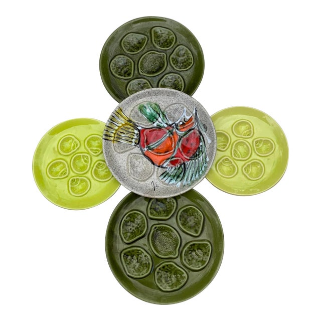 French Porcelain Oyster Plates, Set of 5, Midcentury Artist Signed For Sale