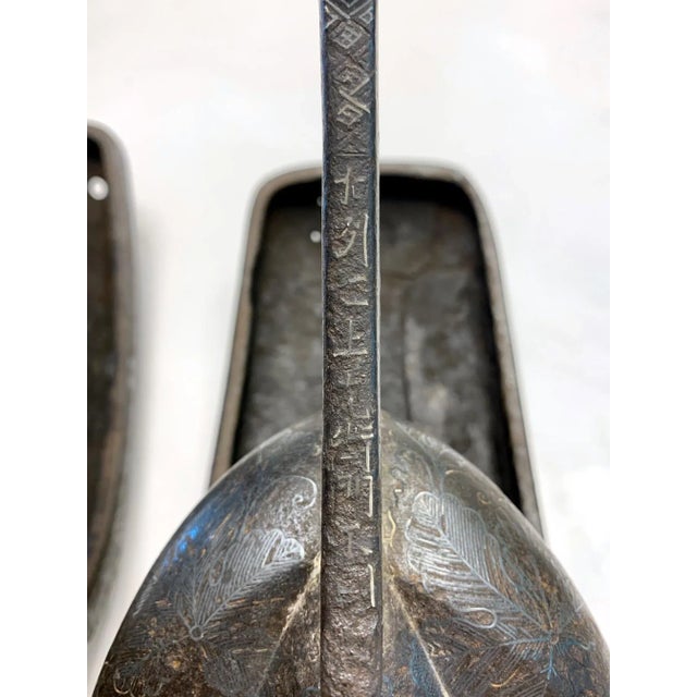 Black Antique Japanese Iron Stirrups with Silver Inlay Signed - Pair For Sale - Image 8 of 13
