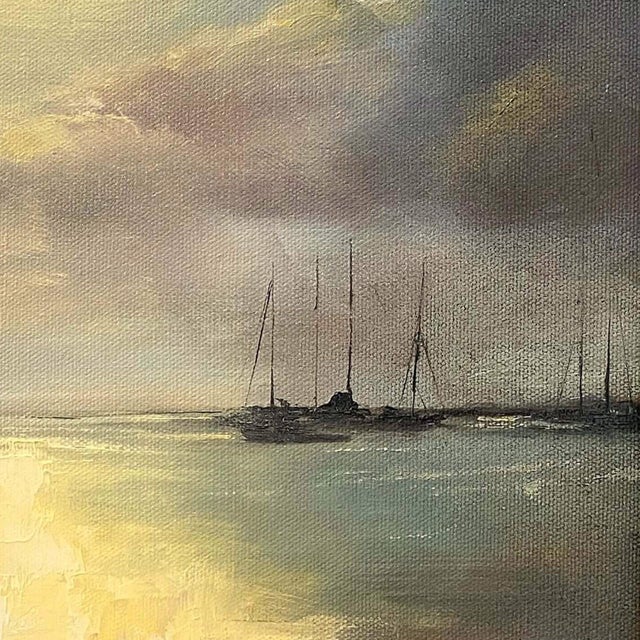 Impressionist Sundance Upon the Sea by Leigh Ann Van Fossan | Oil on canvas Seascape with boats and clouds For Sale - Image 3 of 5