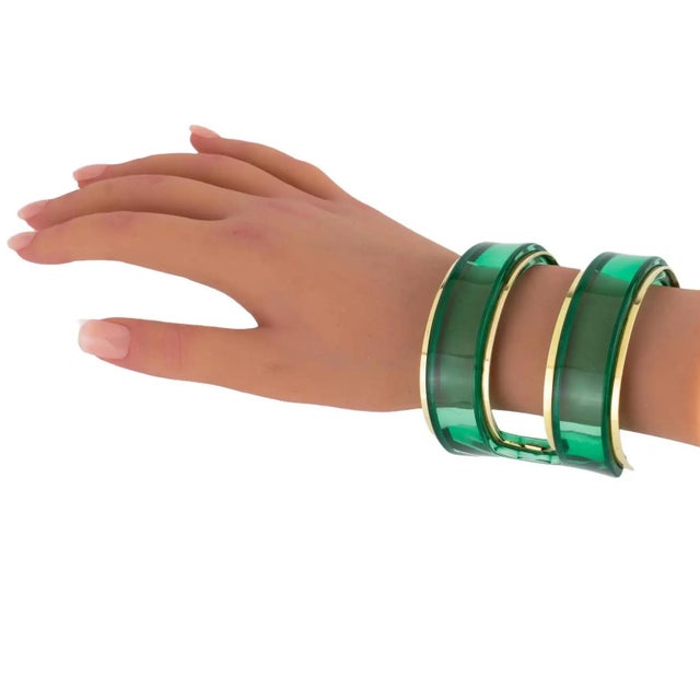Green Green Lucite and Brass Cuff Bangle Bracelet For Sale - Image 8 of 16