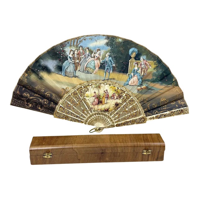 Late 19th Century Signed J Billvas Hand Painted Silk Fan in Original Simon Loscertales Bona Roma Box For Sale