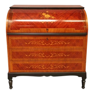 Antique Biedermeier Style Burl Inlaid Rolltop Desk For Sale