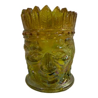 1960s Amber Carnival Glass Face Toothpick Holder | Figural Glass Crown Vase / Trinket Cup For Sale