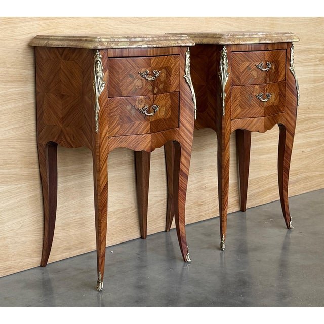 Mid 19th Century Pair Antique French Louis XV Marquetry Marble Top Nightstands with Two Drawers For Sale - Image 5 of 18