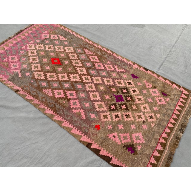 Islamic Afghan Kilim Accent Rug, Handwoven Wool, 3x6, Brown & Pink For Sale - Image 3 of 10