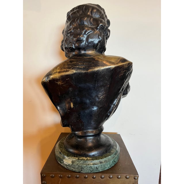 Early 20th Century Large 18" Patinated Metal Bust After Luca Madrassi – Heavy 27lb Sculpture on Green Marble Base For Sale - Image 13 of 13