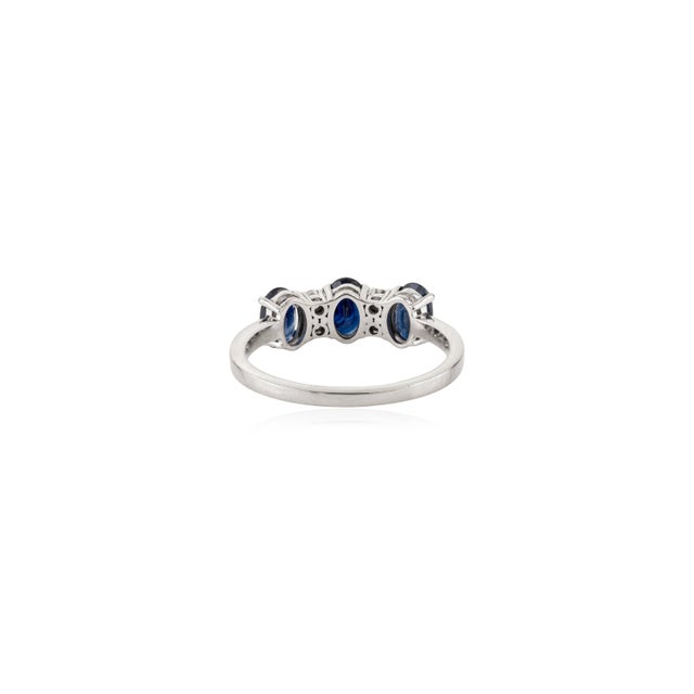 Metal 1.67Ct Blue Sapphire & Diamond Three-Stone Ring Size 6 in 14k White Gold For Sale - Image 7 of 14