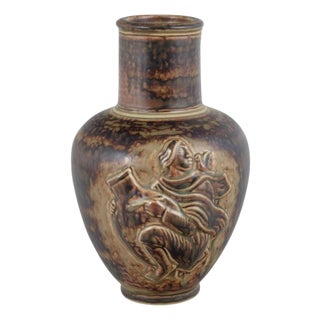 Vase with Sung Glaze and Figurative Relief Scene by Jais Nielsen for Royal Copenhagen For Sale
