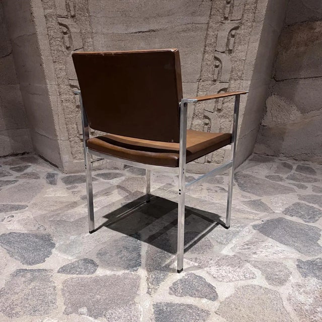 For your consideration, a set of four vintage Armchairs, Brown Leather Paddle Attributed to Ward Bennett (style after...