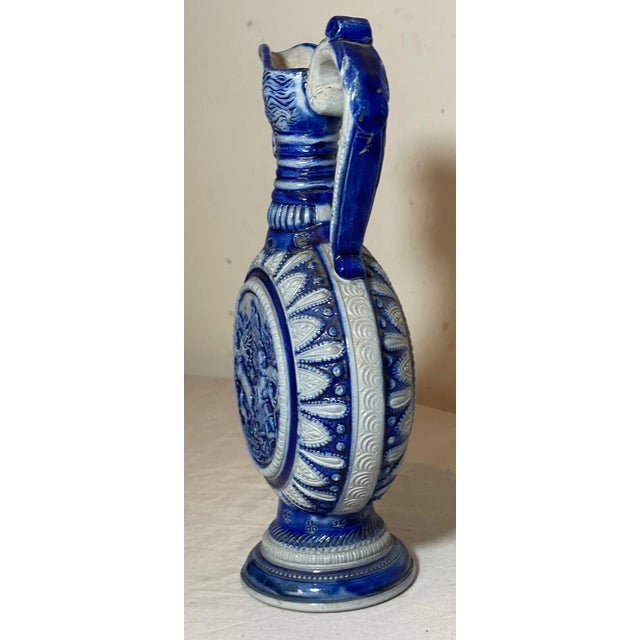 Figurative Antique Handmade Figural Blue Gray Westerwald German Pottery Jug Stein Pitcher For Sale - Image 3 of 13