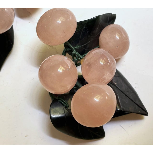 Mid 20th Century Mid 20th Century Asian Rose Quartz Cherry Bunches Jade Leaves Hard Stone Fruit Pair For Sale - Image 5 of 8