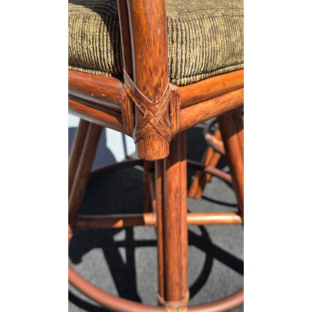Pair of Vintage McGuire Bamboo Woven Leather Swivel Bar Stools Barstool For Sale - Image 10 of 15