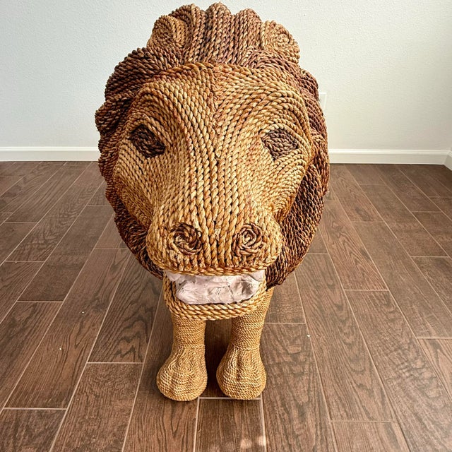 Mexican Huge Vintage Lion in Style of Mario Lopez Torres Wicker Rattan VTG Art For Sale - Image 3 of 8