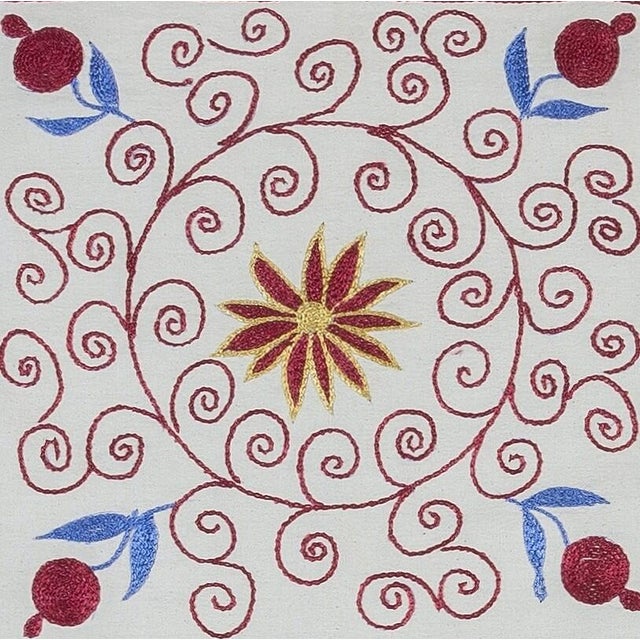 Decorative cushion cover made of hand embroidery silk on linen background, flowers and vine motifs, linen backing with...