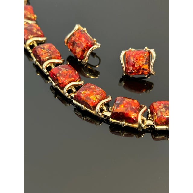 Metal Vintage 1950's Coro Autumn Lucite Confetti Burnt Necklace and Earrings Set Orange Gold Flakes - 3 Pieces For Sale - Image 7 of 12