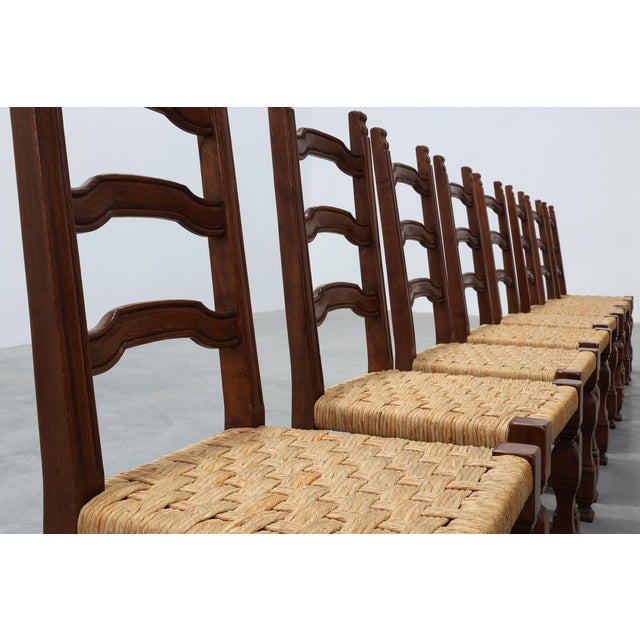 Mid-Century Brutalist Chairs in Wood and Wicker, Belgium, 1970s, Set of 8 For Sale - Image 9 of 17