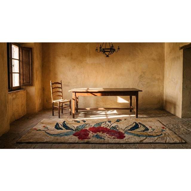 1880s Beige Roses Folk Art Antique American Hooked Rug 2'6" X6'2" Knotted Pile Wool Carpet For Sale - Image 12 of 14