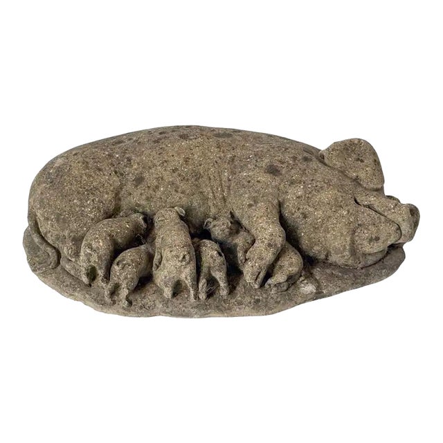 English Weathered Garden Stone Pig With Piglets Sculpture For Sale