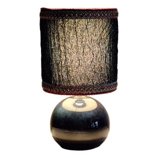 Vintage Table Lamp with Dark Blue Ceramic Base and Fabric Shade, 1990s For Sale