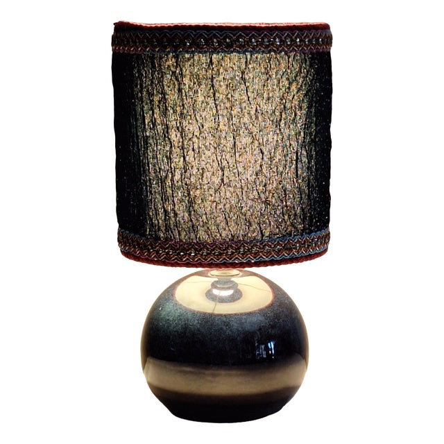 Vintage Table Lamp with Dark Blue Ceramic Base and Fabric Shade, 1990s For Sale