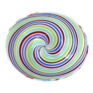 Vintage Murano Dino Martens Red Blue White Copper Aventurine Swirl Italian Art Glass Ribbons Dish Bowl For Sale