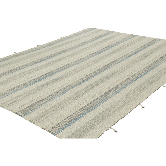 Contemporary Rug & Kilim’s Contemporary Kilim With Textural Cream, Beige and Blue Stripes For Sale - Image 3 of 7