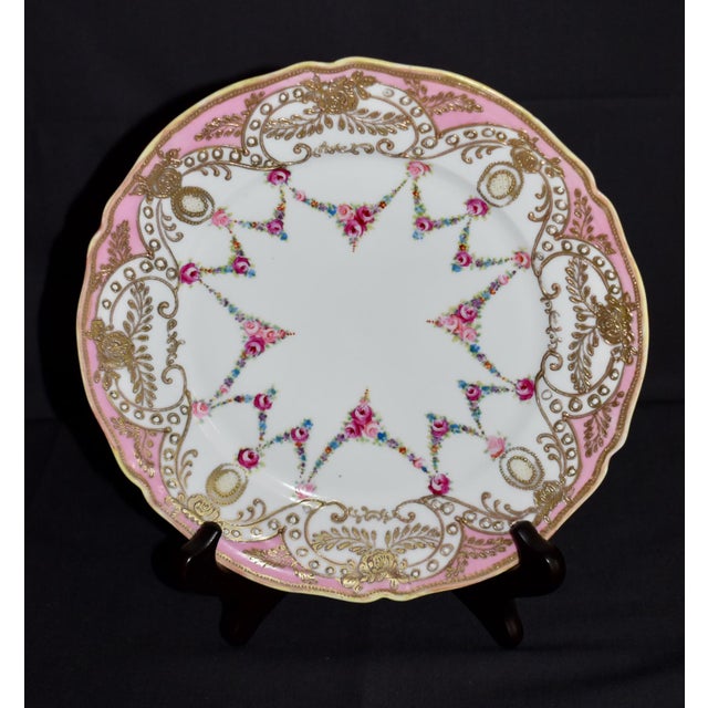 1920s Antique Painted Porcelain Plate Nippon Encrusted Gold Pink Rose Garlands For Sale - Image 5 of 15