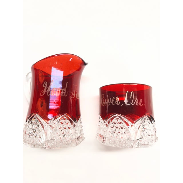 Wonderful 1920s Ruby Flash matched creamer and sugar serving set. Deep red ruby glass with clear molded glass bottoms....