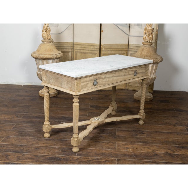 19th Century, Bleached Walnut Console Table with White Marble Top, Faceted Legs For Sale - Image 10 of 12