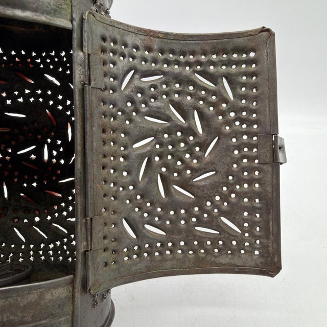 Gray 19th Century American Hand Punched Tin Candle Lantern With Pinwheel Motif For Sale - Image 8 of 16