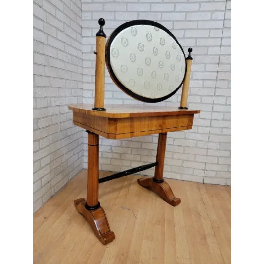 Antique Biedermeier Style Cherrywood Oval Swing Mirror Vanity With Stool For Sale - Image 10 of 11