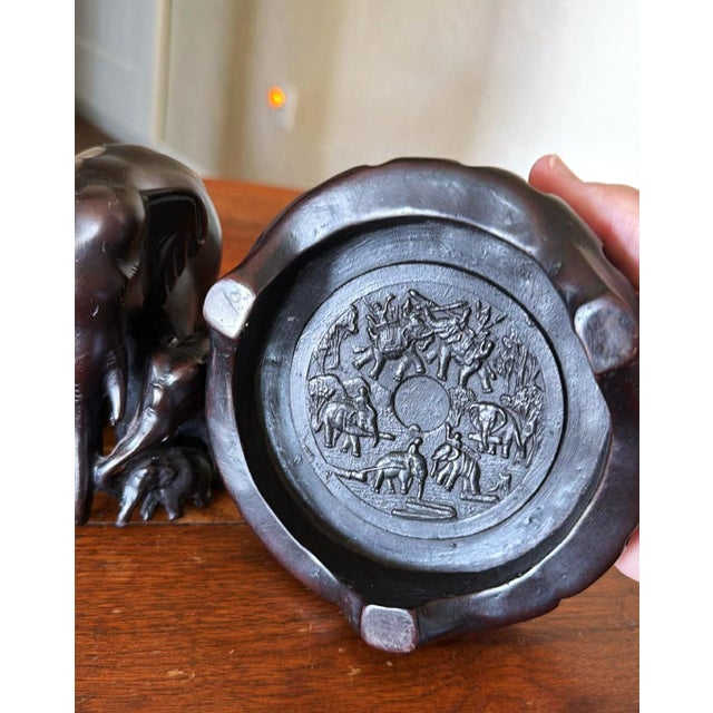 Vintage Hand Carved Elephant Family MCM Dark Wood on Pedastal For Sale - Image 10 of 11