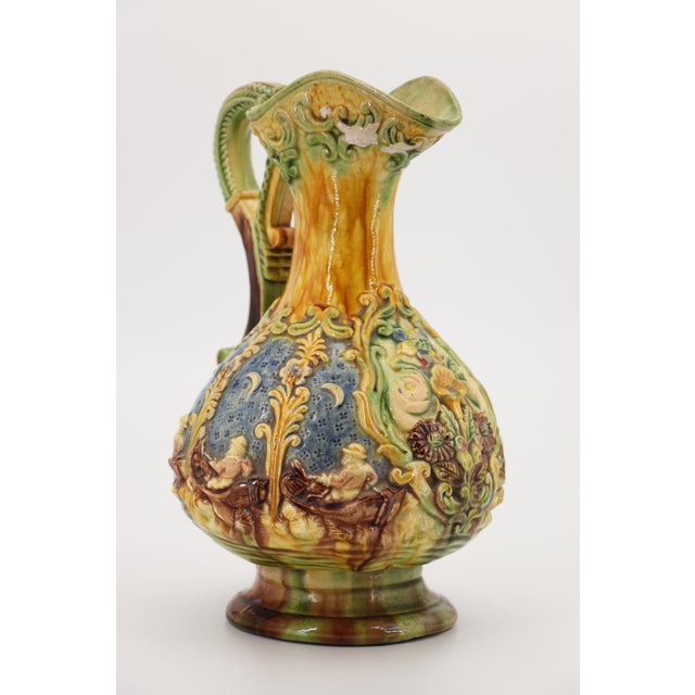 Yellow Antique Portuguese Palissy Ware Jug Depicting Fishermen in Boats, Earthenware For Sale - Image 8 of 18