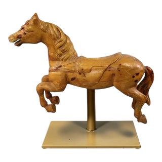 Antique Carved Raw Wood Carousel Horse For Sale