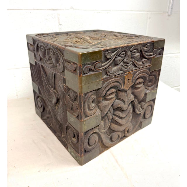 Up for sale is an exquisite antique 19th century Victorian hand carved wood and brass sculptural box. This Folk Art piece...