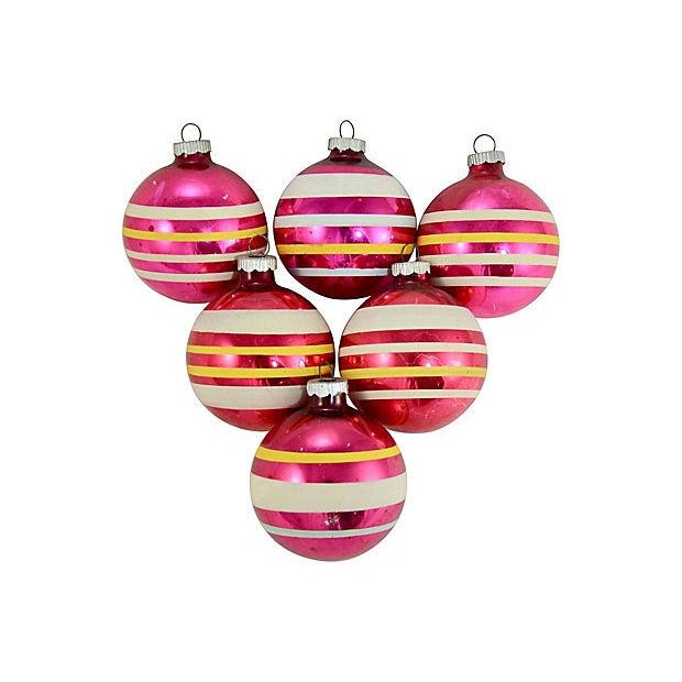 Mid 20th Century No!! Shiny Brite Pink Banded Ball Ornaments - Set of 6 For Sale - Image 5 of 5