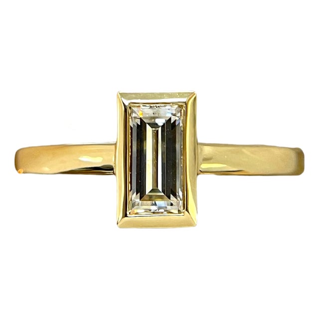 18k Yellow Gold Bezel Baguette Diamond Ring, Size 6.5 For Sale
