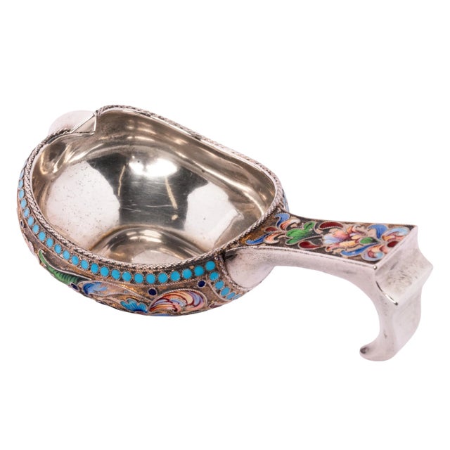 1900 - 1909 Antique Imperial Russian Silver Gilt Cloisonne Kovsh Nikolay Strulev Moscow 1908 For Sale - Image 5 of 10