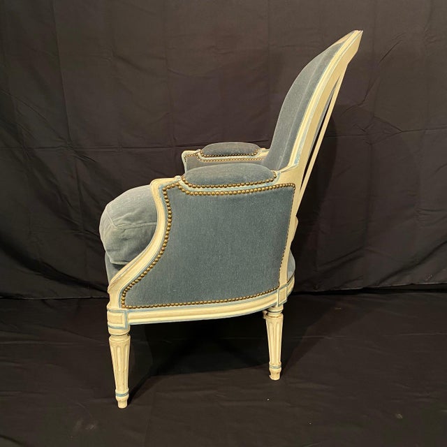 Antique French Louis XVI painted and carved furniture set of sofa/loveseat and two armchairs or bergere chairs, all in...